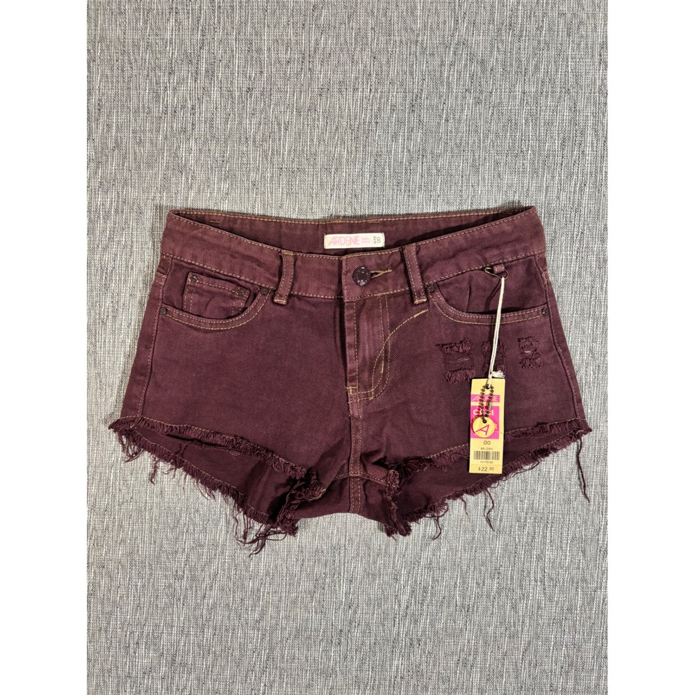 Ardene Women Burgundy Distressed Denim Shorts Low Rise Cut Off Frayed Hem 00